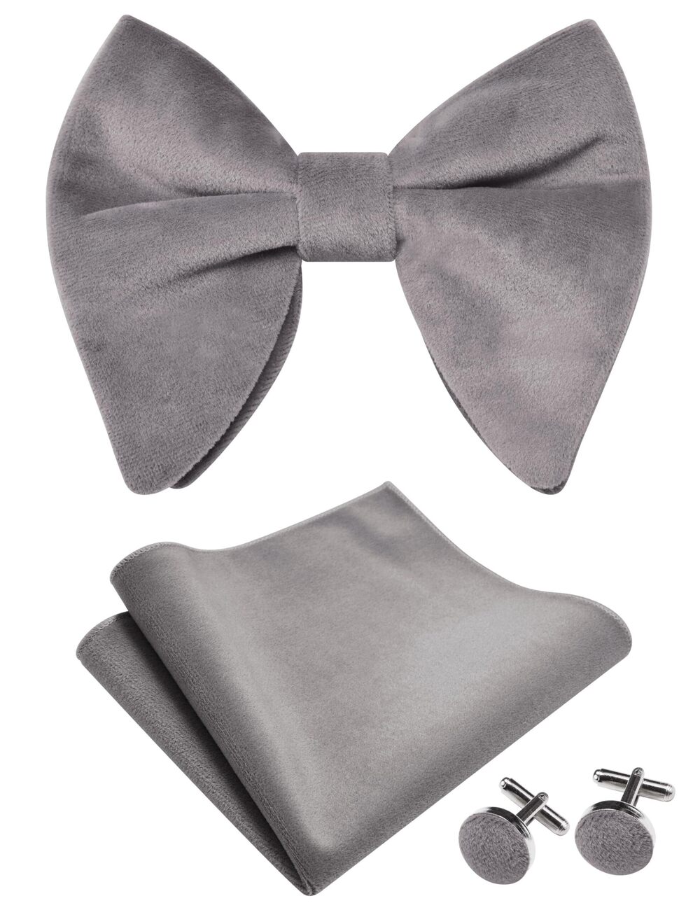 2191 Solid Grey Big Bow Ties Velvet Pre-tied Over Size Bowtie and Pocket